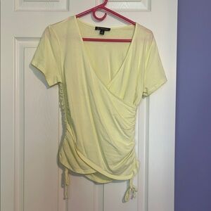 INC International Concepts Yellow Wrap Blouse with Ruched Tie Front